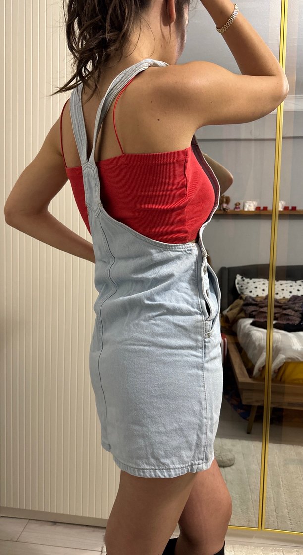 Gri Denim Midi Straplez Kısa Tulum - Görsel 2