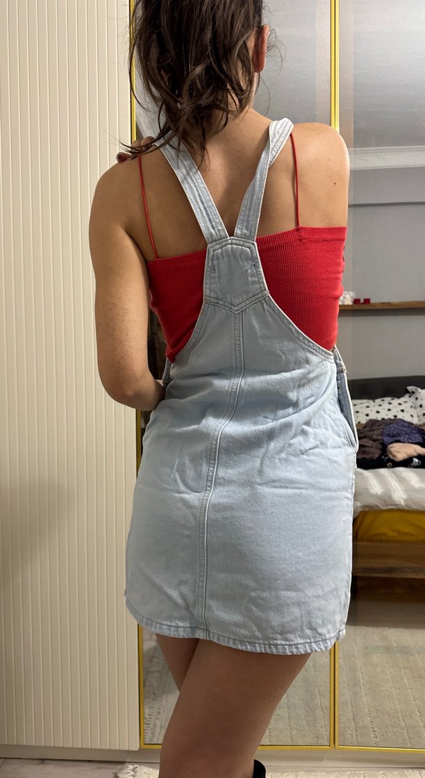 Gri Denim Midi Straplez Kısa Tulum - Görsel 3