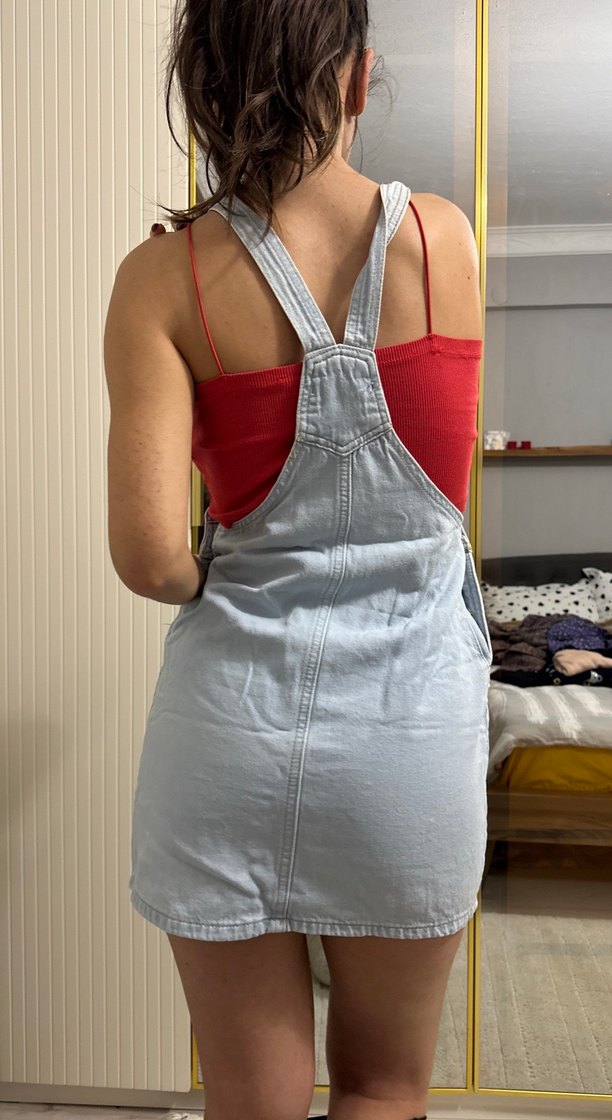 Gri Denim Midi Straplez Kısa Tulum - Görsel 4