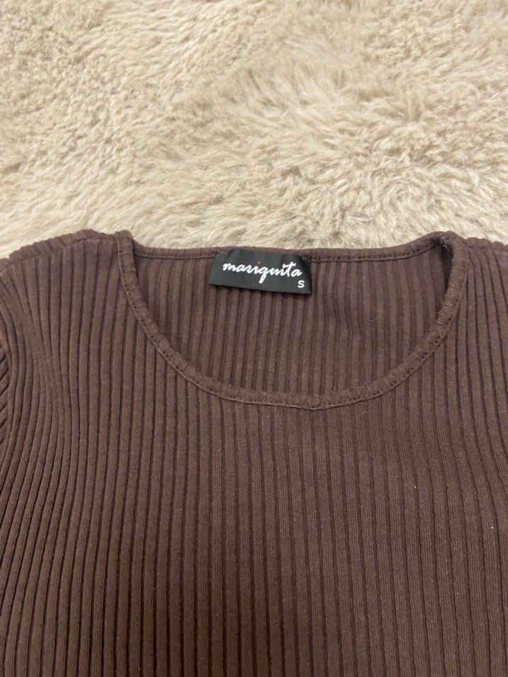 Kahverengi Triko Crop Top - Görsel 2