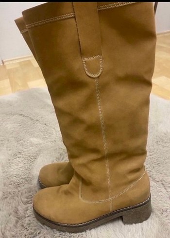 Bej Süet Kadın Dolgu Topuklu Diz Boyu Çizme - Görsel 2