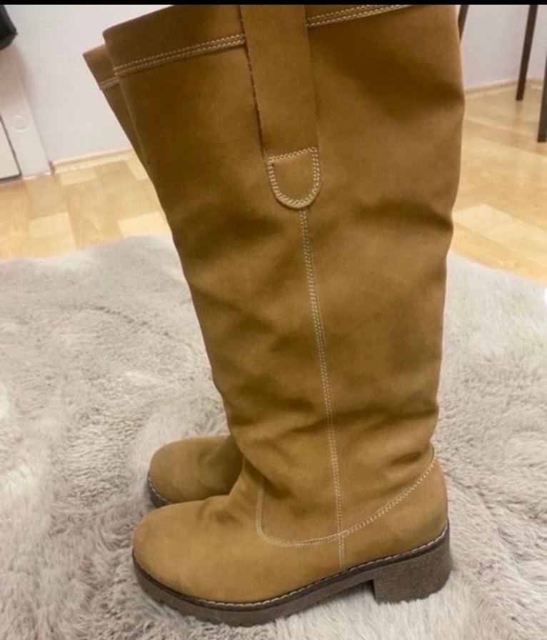 Bej Süet Kadın Dolgu Topuklu Diz Boyu Çizme - Görsel 2