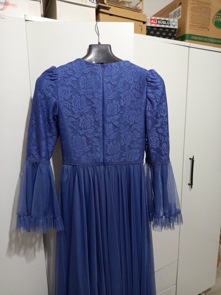 Mavi Uzun Kollu Bohem Vintage Elbise - Görsel 3