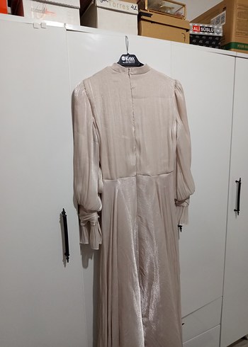 Bej Drapeli Uzun Kadın Abiye Elbise - Görsel 2