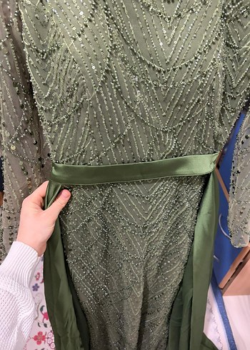 Yeşil Uzun Kollu Drapeli Abiye Elbise - Görsel 4