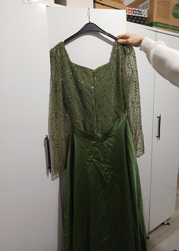 Yeşil Uzun Kollu Drapeli Abiye Elbise - Görsel 2