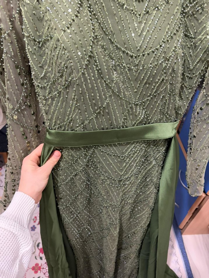 Yeşil Uzun Kollu Drapeli Abiye Elbise - Görsel 4