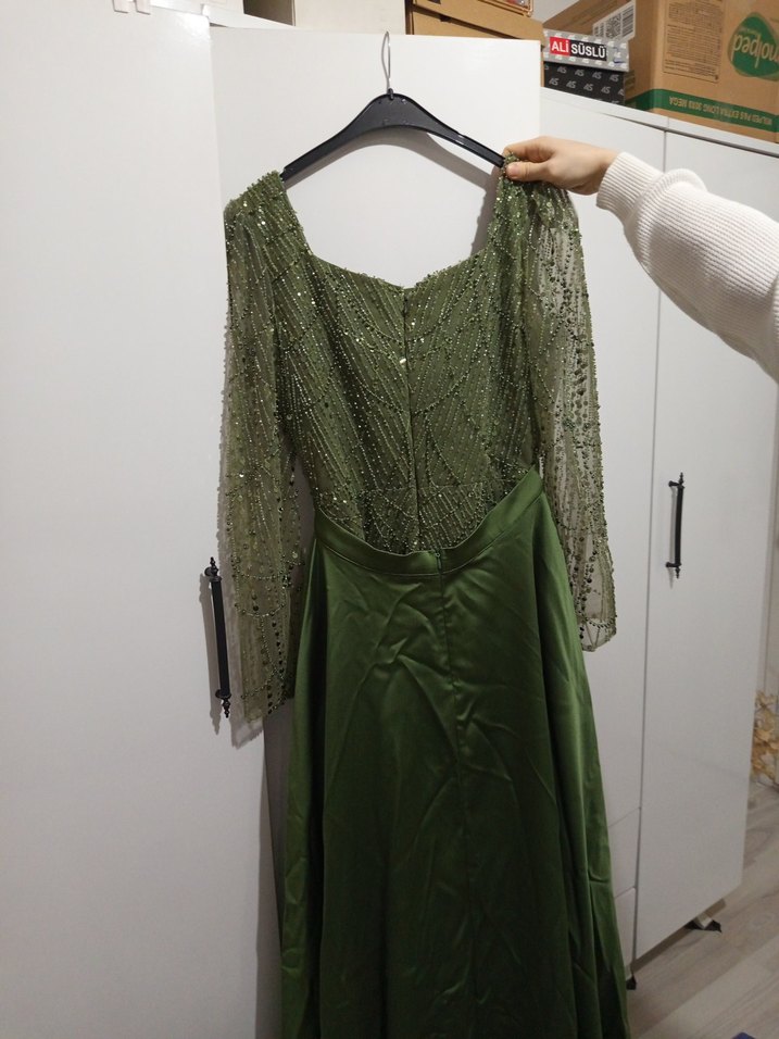 Yeşil Uzun Kollu Drapeli Abiye Elbise - Görsel 2