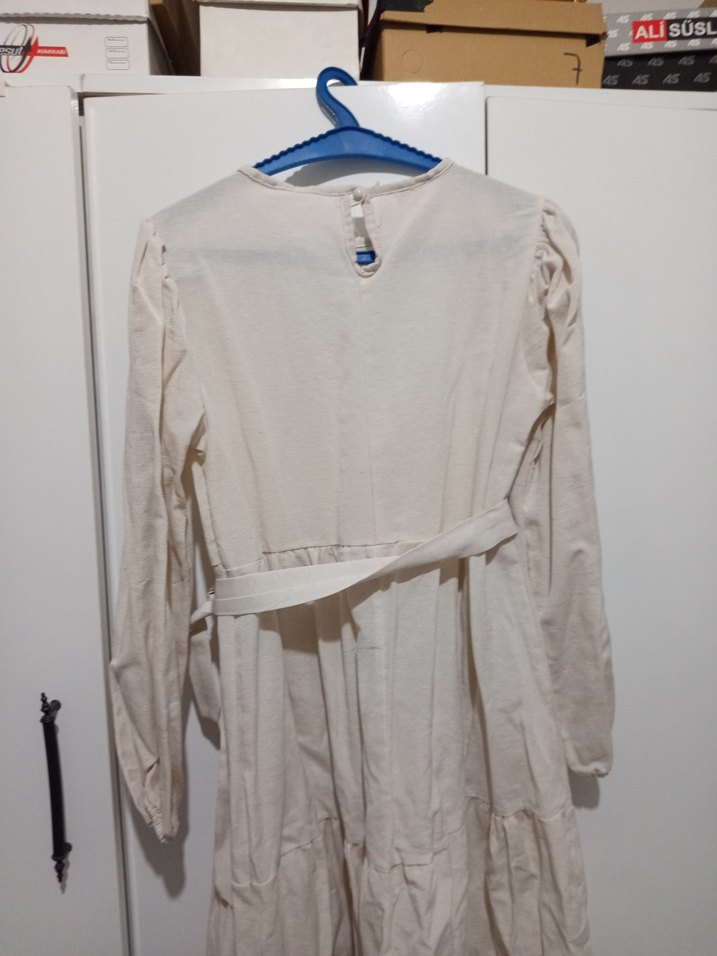 Kadın Beyaz Keten Uzun Kollu Uzun Elbise - Görsel 2