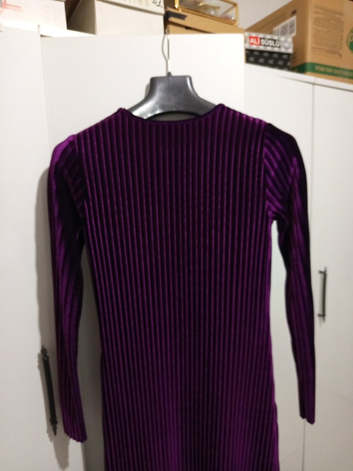 Mor Pilili Uzun Kollu Uzun Elbise - Görsel 2