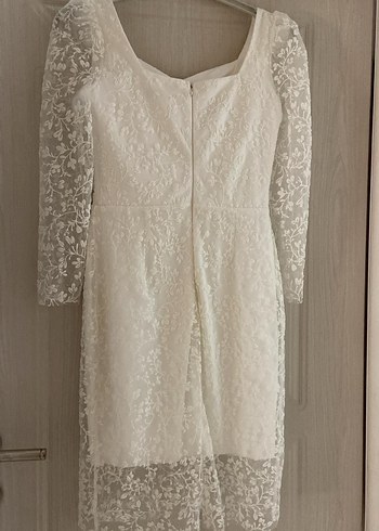 Dantel İşlemeli Beyaz Midi Abiye Elbise - Görsel 5