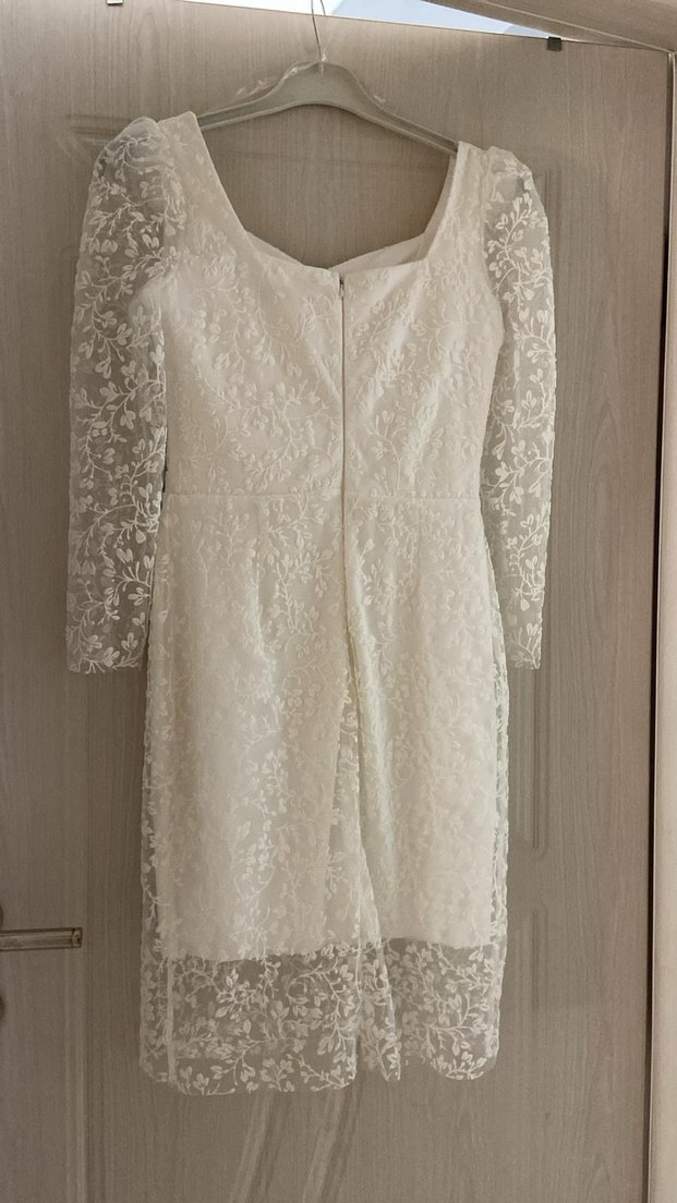 Dantel İşlemeli Beyaz Midi Abiye Elbise - Görsel 5