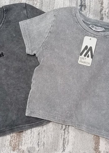 Gri Denim Crop Top, Kısa Kollu, Salaş Kesim - Görsel 2