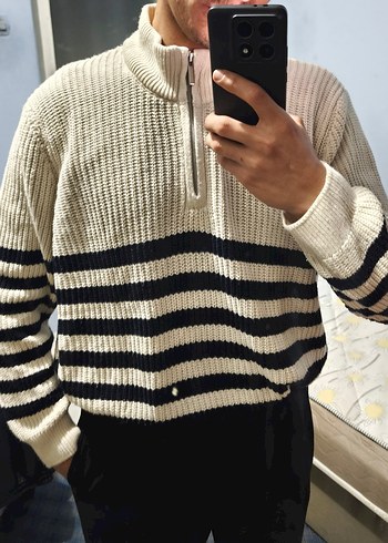 Çizgili Boğazlı Fermuarlı Erkek Kazak - Görsel 2