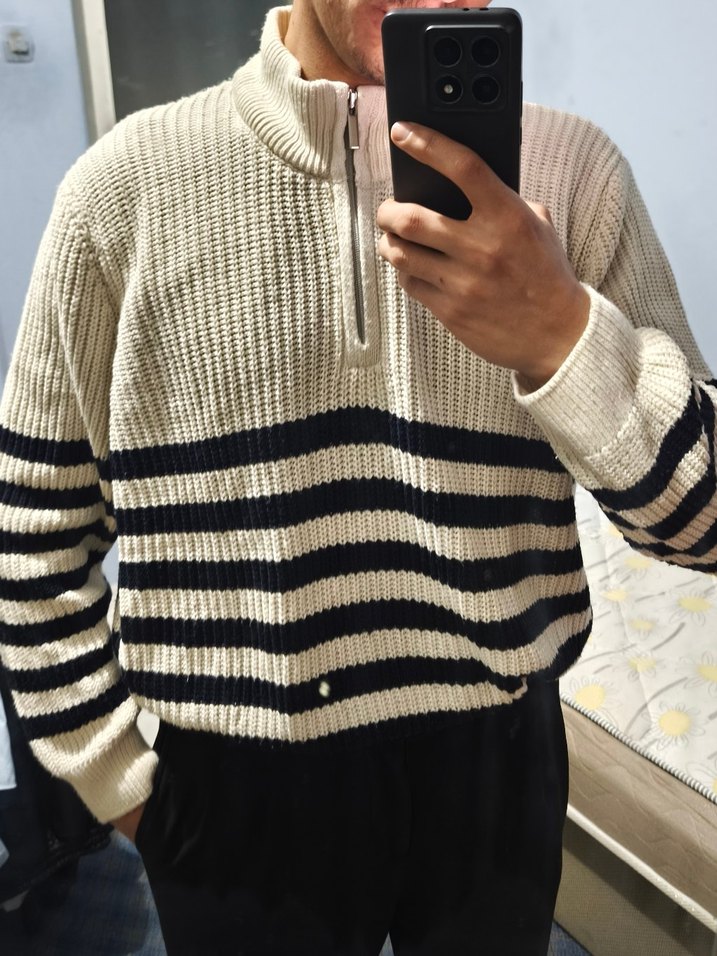 Çizgili Boğazlı Fermuarlı Erkek Kazak - Görsel 2