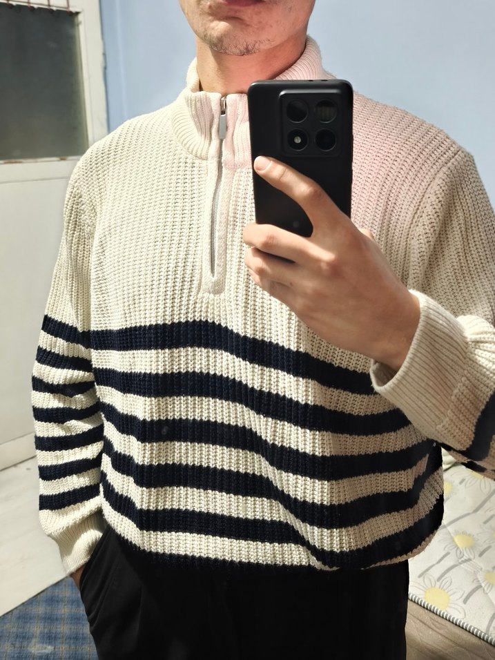 Çizgili Boğazlı Fermuarlı Erkek Kazak - Görsel 3