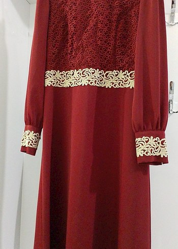 Bordo Dantel Detaylı Uzun Kadın Elbise