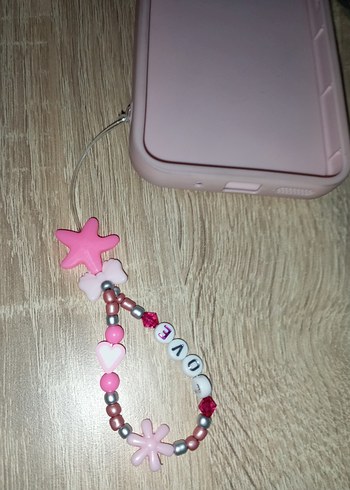 Pembe İşlemeli Boncuklu Kadın Telefon Charm