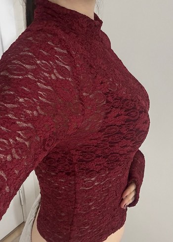 Bordo Dantelli Yüksek Yaka Kadın Bluz - Görsel 2