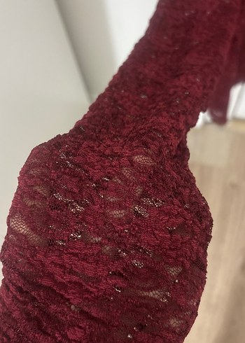 Bordo Uzun Kollu Dantel  transparan Bluz - Görsel 2