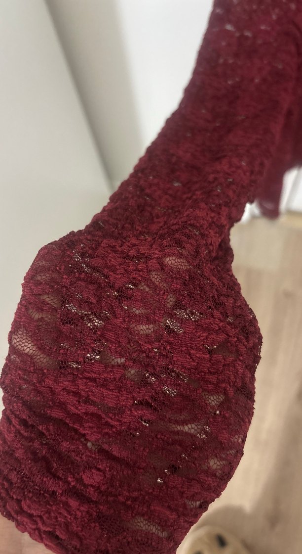 Bordo Uzun Kollu Dantel  transparan Bluz - Görsel 2