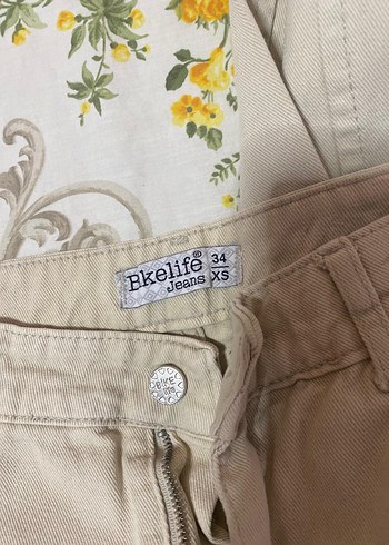 34 Beden Düğmeli Bej Kadın Keten Pantolon