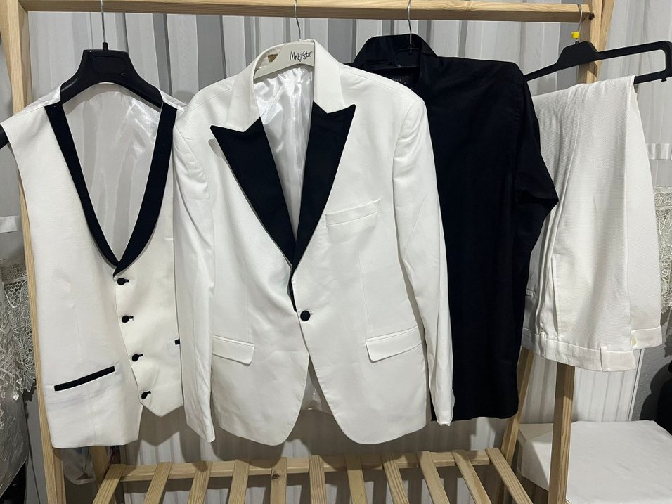 Düğmeli Beyaz Notch Yaka Smokin Ceket Pantolon Yelek Gömlek - Görsel 5