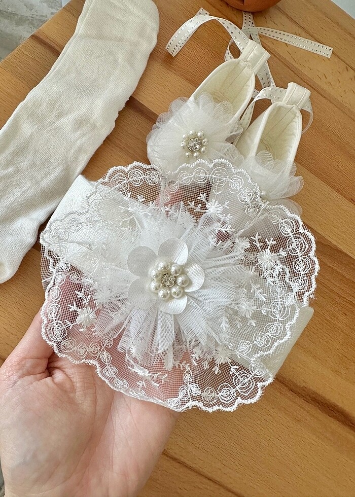 Krem renk inci taşlı patik saç bandı seti - Görsel 4