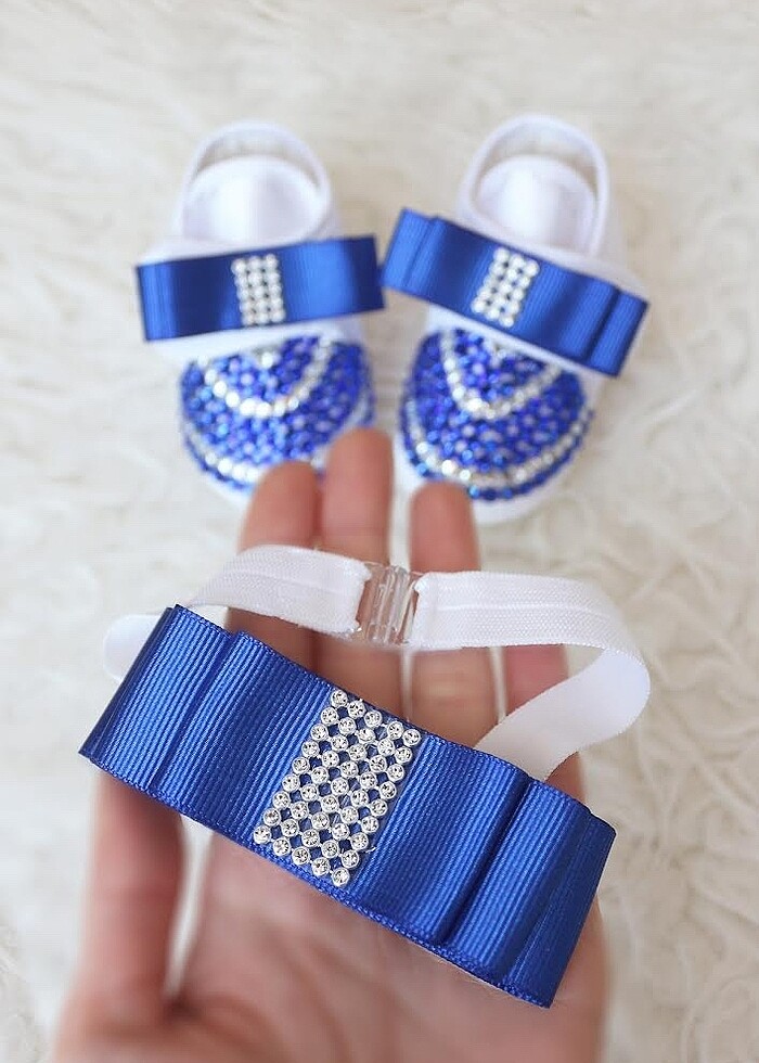 Saks mavi renk taşlı patik papyon seti - Görsel 2