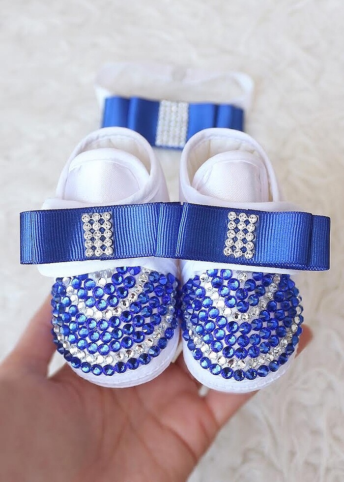 Saks mavi renk taşlı patik papyon seti - Görsel 3