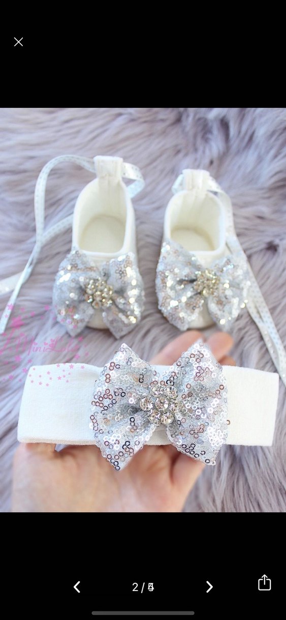 Gümüş fiyonklu bebek saç bandı patik set - Görsel 2