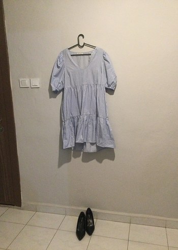 Gri Midi Keten Elbise Ruffle Detaylı - Görsel 2