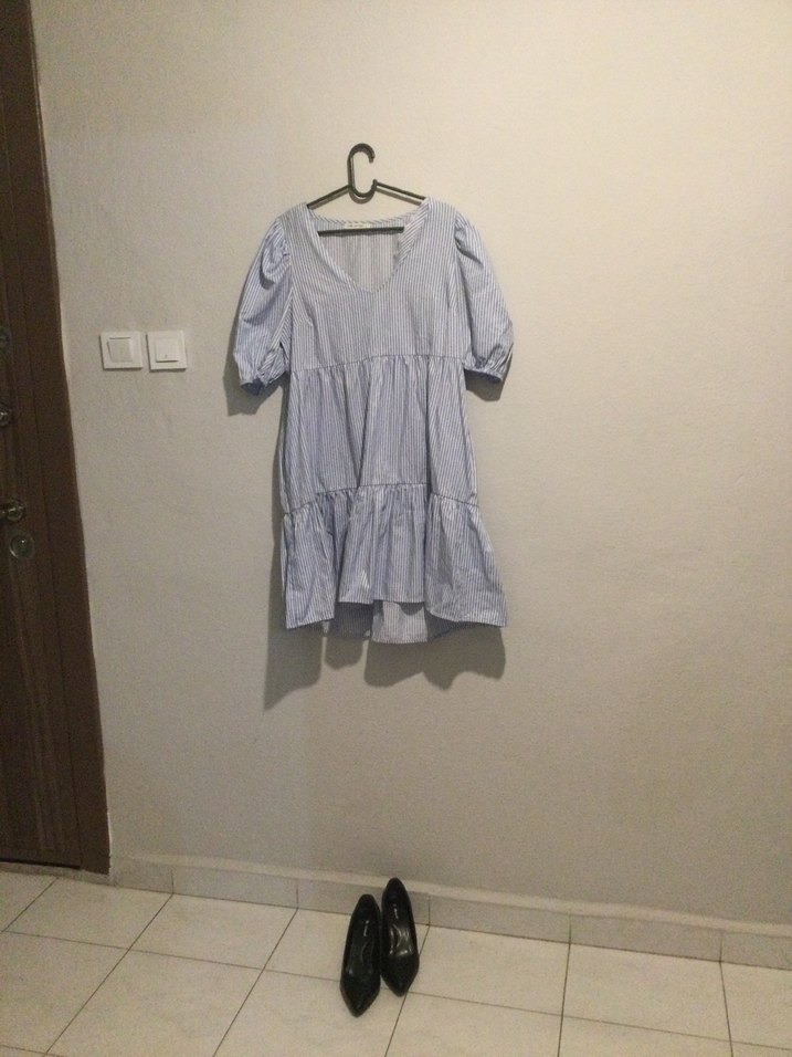 Gri Midi Keten Elbise Ruffle Detaylı - Görsel 2