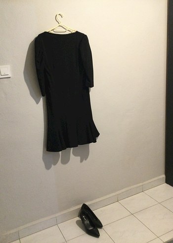 Siyah Midi Keten Elbise, Tek Renk, Gevşek Kesim - Görsel 3