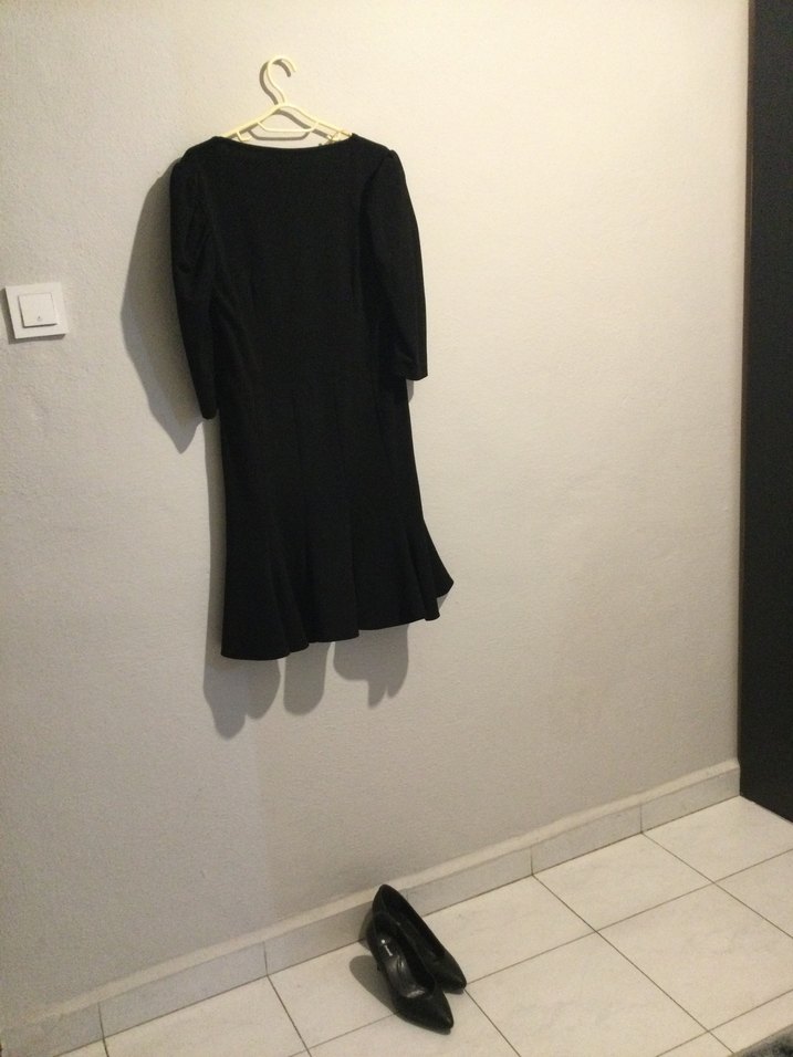 Siyah Midi Keten Elbise, Tek Renk, Gevşek Kesim - Görsel 3