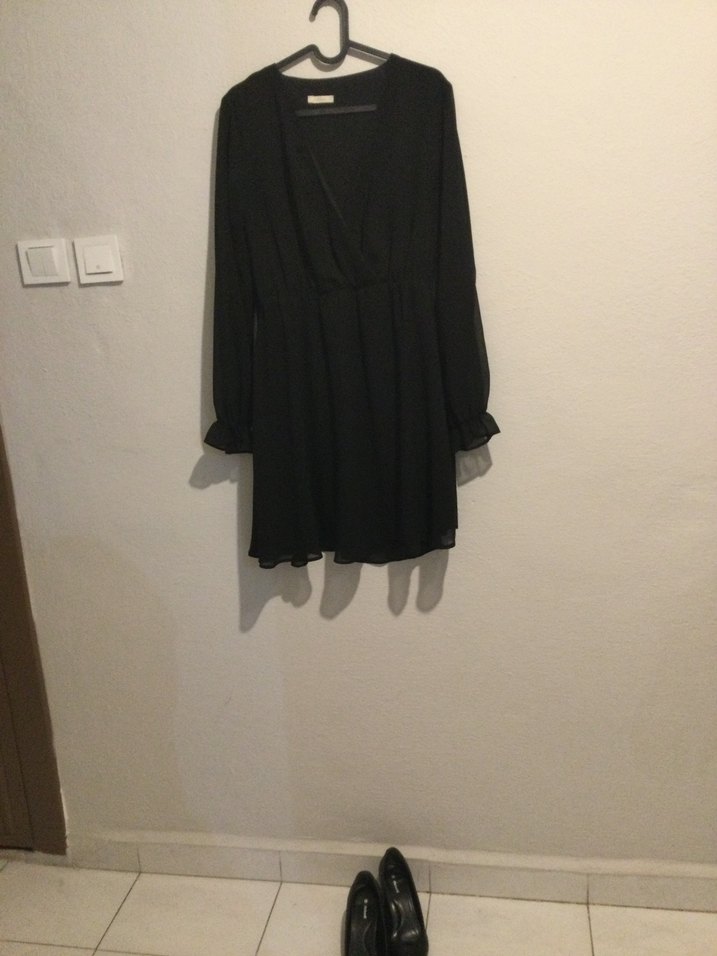 Siyah V Yakalı Uzun Kollu Mini Elbise - Görsel 2