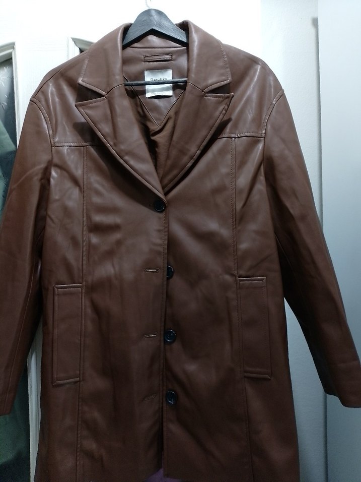 Düğmeli Kahverengi Deri Kadın Ceket - Görsel 3