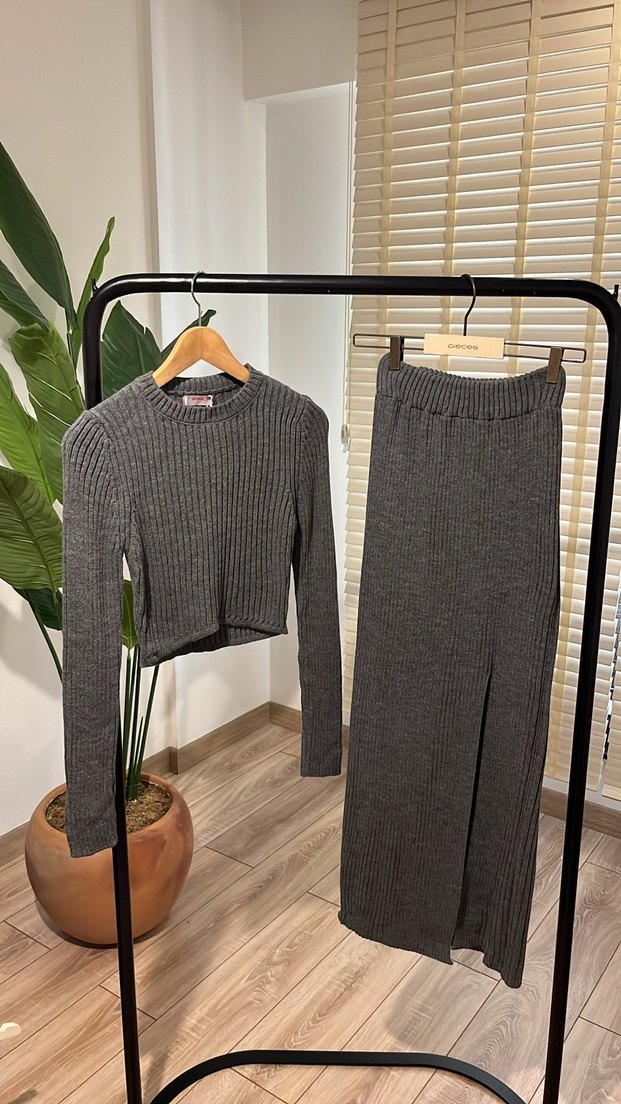 Gri Örme Uzun Kollu Kadın ikili Takım - Görsel 3