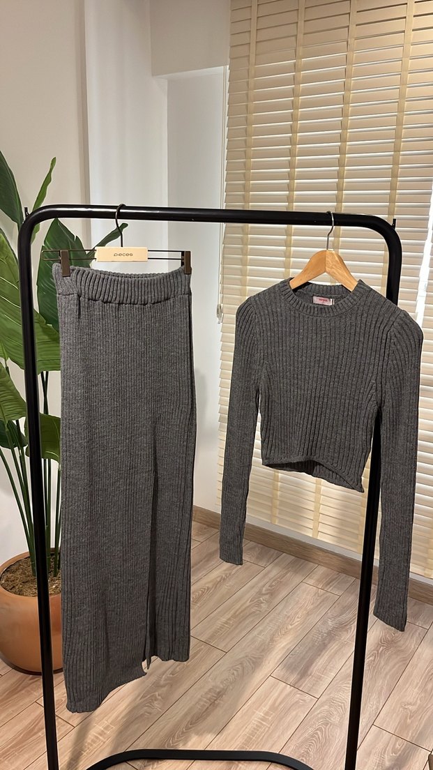 Gri Örme Uzun Kollu Kadın ikili Takım - Görsel 4