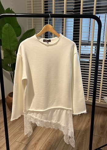 Dantel Detaylı Beyaz Kadın Sweatshirt - Görsel 6