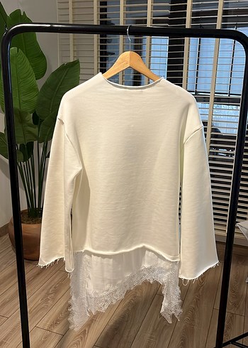 Dantel Detaylı Beyaz Kadın Sweatshirt - Görsel 5