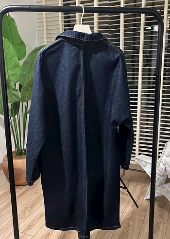 Düğmeli Lacivert Midi Denim Ceket - Görsel 7