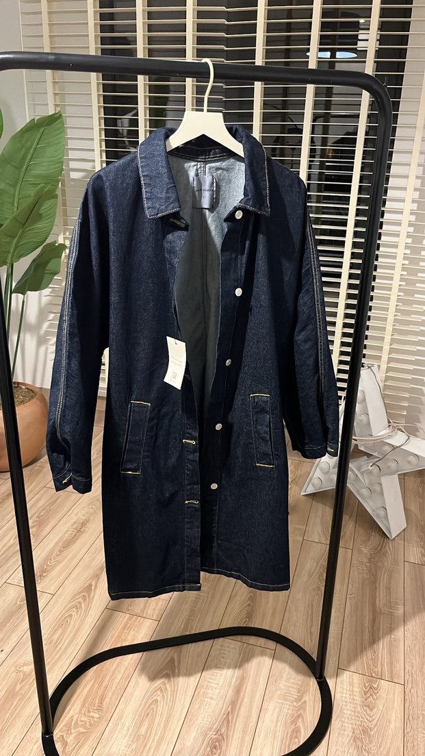 Düğmeli Lacivert Midi Denim Ceket - Görsel 5