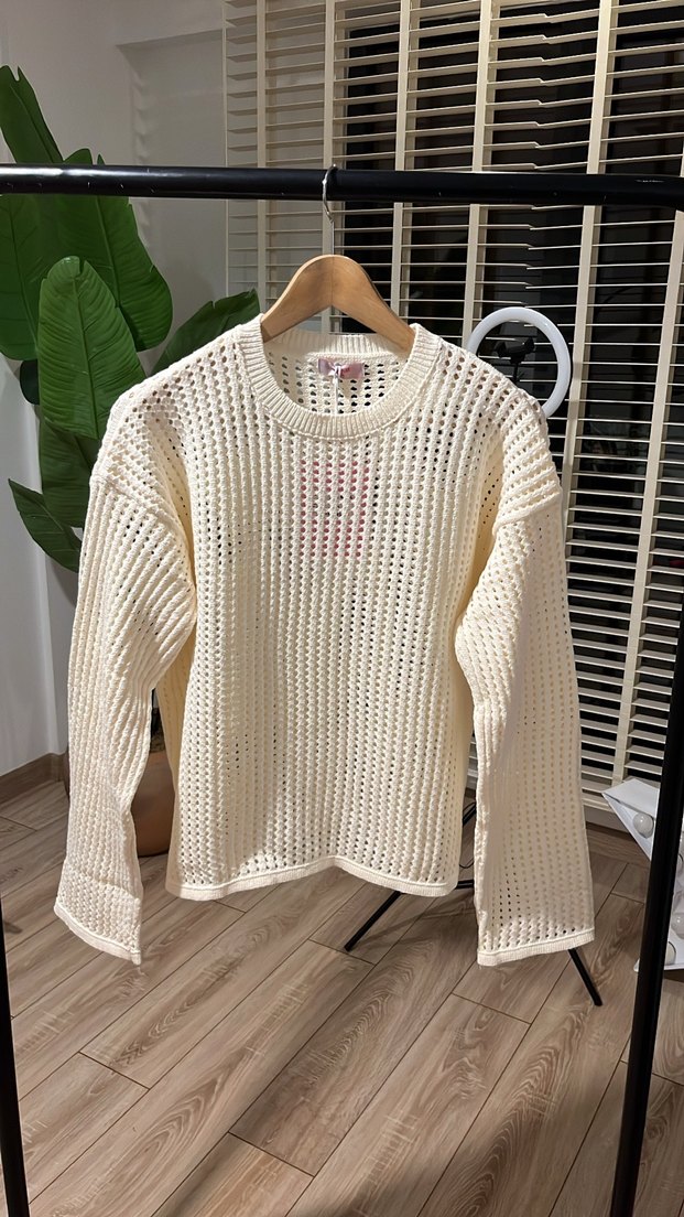 Kadın Beyaz Örgü Salaş Triko Kazak - Görsel 2