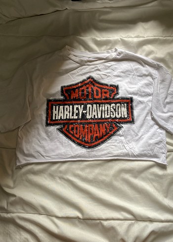 Beyaz Harley-Davidson Detaylı Bol Kısa Tişört