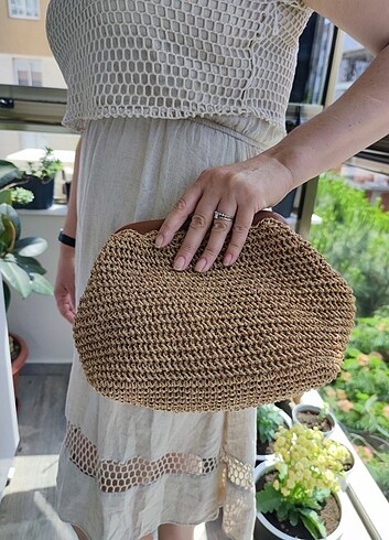 Beden Örgü hasır astarlı tasarım deri burslu clutch çanta