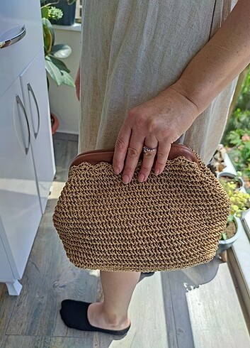 Beden camel Renk Örgü hasır astarlı tasarım deri burslu clutch çanta