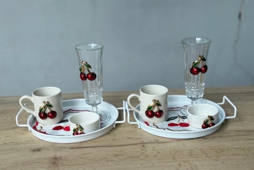 Kiraz Detaylı Beyaz Bardak ve Fincan Seti - Görsel 2