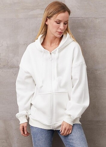 s Beden beyaz Renk Bayan Kapüşonlu Oversize Sweatshirt 