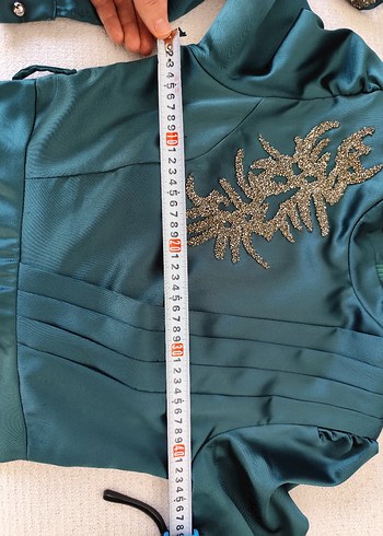 Uzun Zümrüt Yeşili Nakışlı Kadın Abiye Elbise Şal+200 Tl - Görsel 7